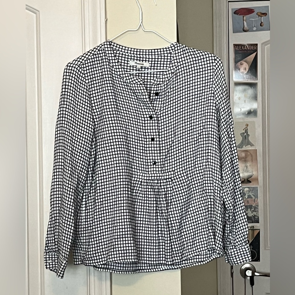 Madewell Black and White Checked Peplum Blouse